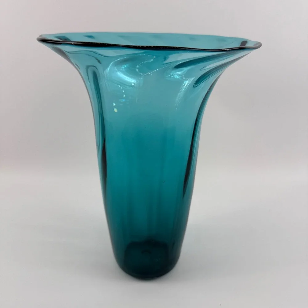 MCM Teal Swirl Optic Flared Glass Vase Blenko Style Pilgrim Rainbow Kanawha